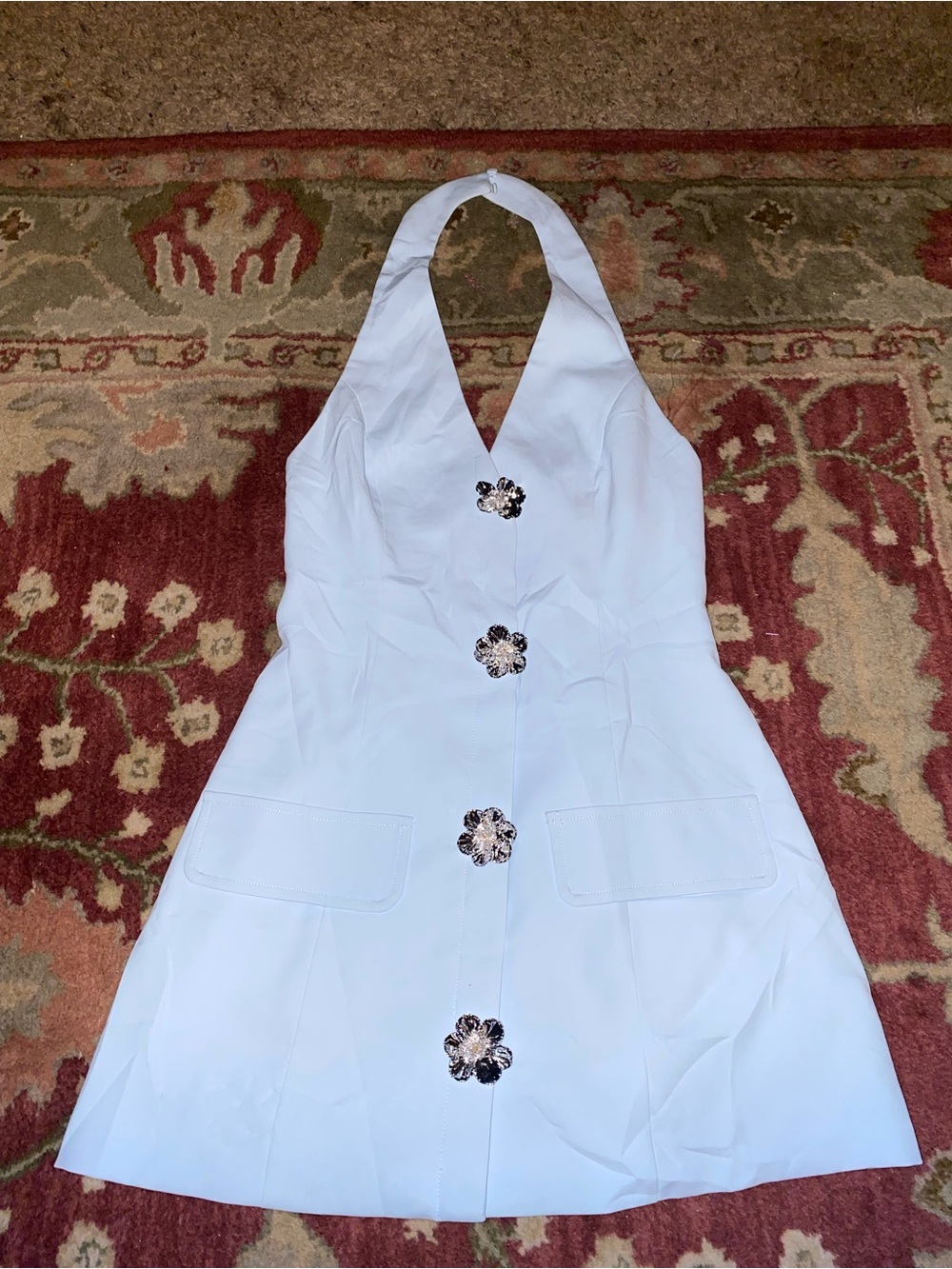 Peppermayo White One-Shoulder Halter Mini Dress with Floral Buttons